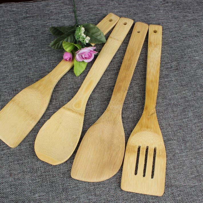 everythingbamboo – Großhandel Küchenutensilien-Set – Set mit 4 Kochschabern aus natürlichem Bambus, Spatel, Küchenhelfer, gesund und praktisch
