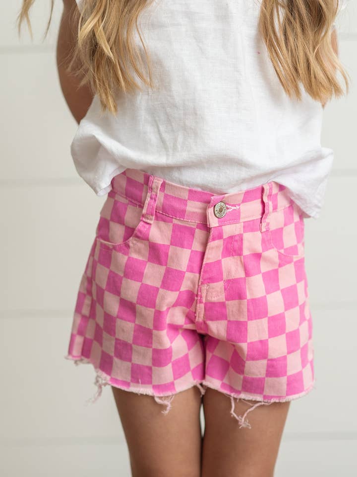 Kids Pink Checkered Denim Jean Spring Summer Shorts for wholesale by Adorable Sweetness