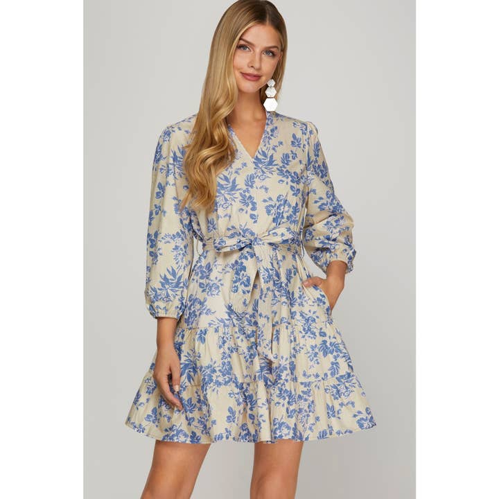 LT BLUE WOVEN FLORAL PRINT V NECK DRESS for wholesale on Faire