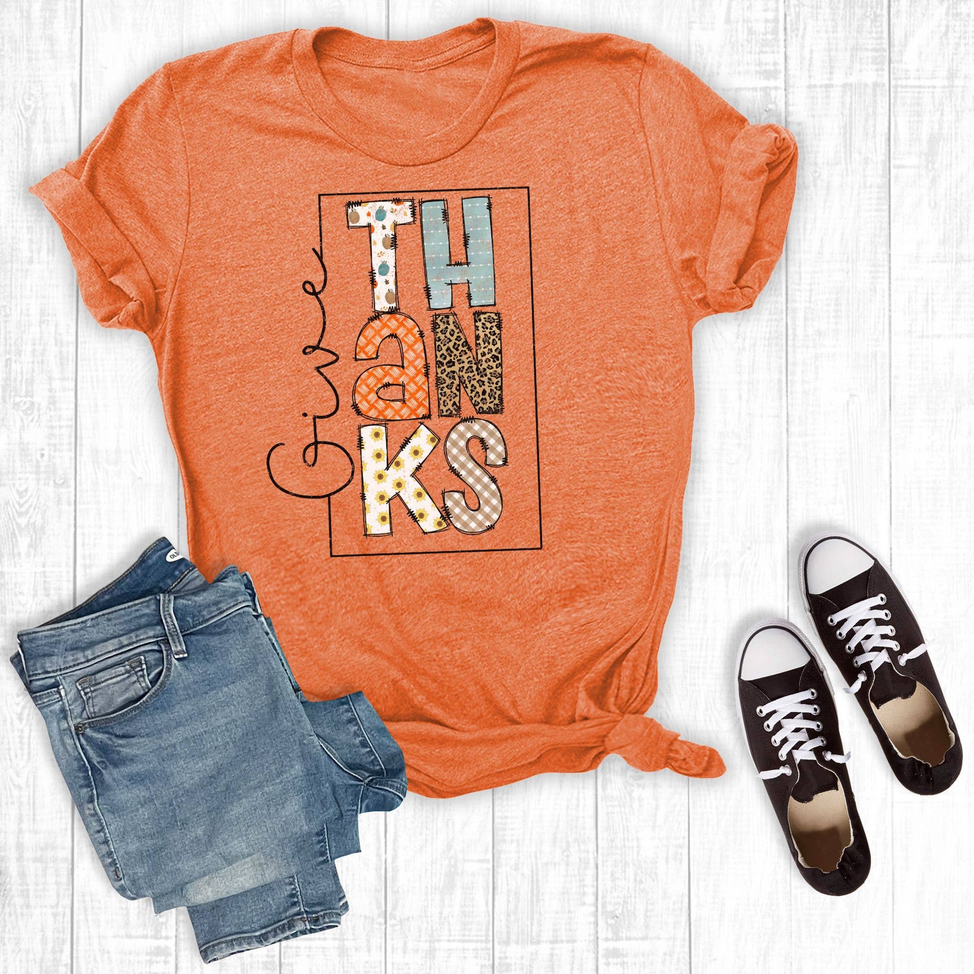 Rebel Rose - Wholesale Screen Printed T-Shirt - Women's - Give Thanks Doodle Fall Graphic Tee Orange