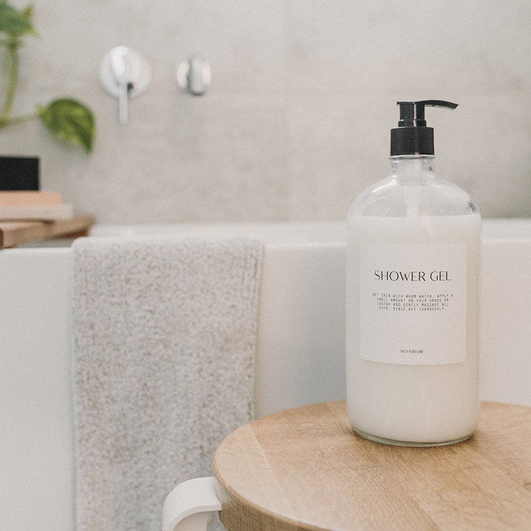 So At Nature – wholesale Tvåldispenser – Klar glasflaska med svart pumplock 1L - Uruwashi1