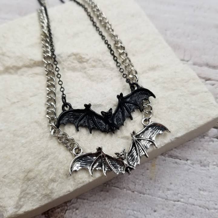 Halloween Black & Silver Bat Necklace for wholesale by Treasure Wholesale