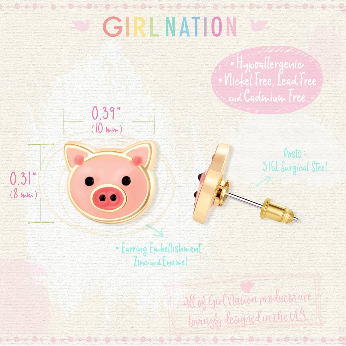 Girl Nation - Wholesale Earrings - Kids - Precious Pig Cutie Stud Earrings4