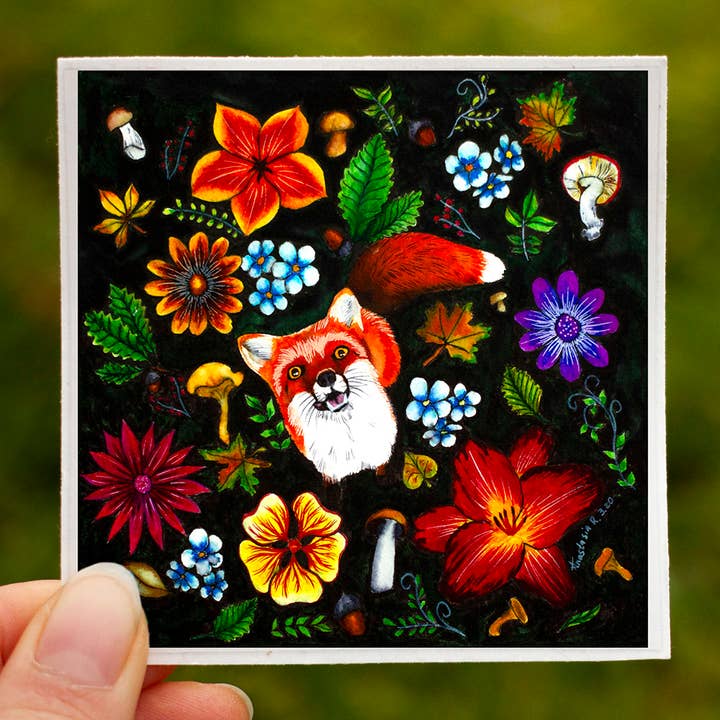 Fox with Flowers and Mushrooms Vinyl Sticker for wholesale by MeerCatArt