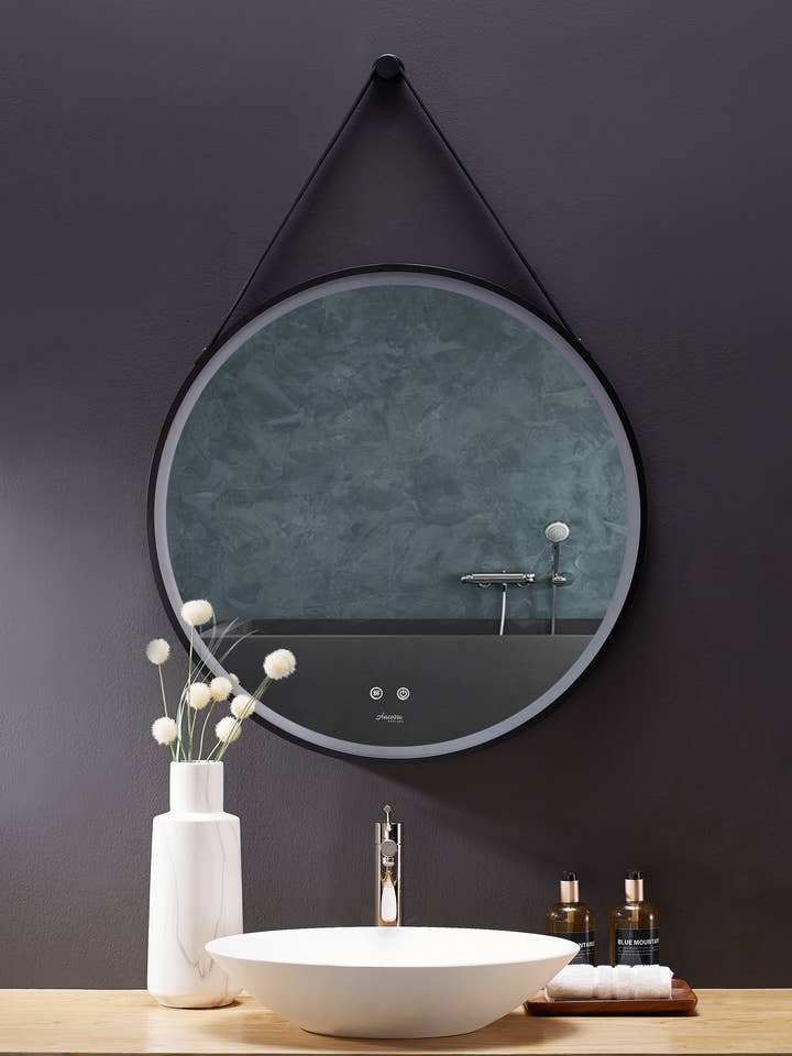Sangle Round LED Mirror Black Framed Lighted Bathroom Vanity Mirror and Vegan Leather Strap for wholesale by Ancerre Designs