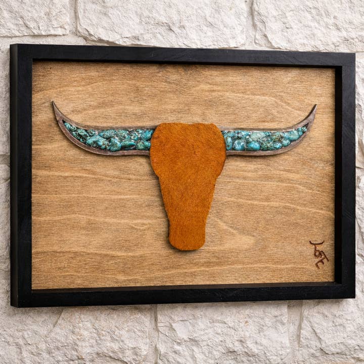 Ember & Elm Home Decor & More - Wholesale Art Print - Turquoise Longhorn Wall Art | Cowhide Face & Rustic Frame