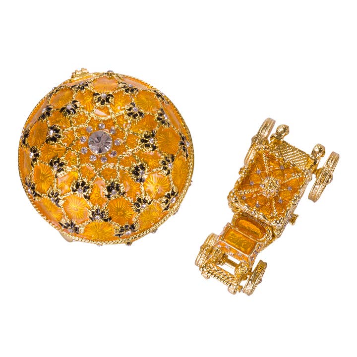 danila-souvenirs - Vendita all'ingrosso Portagioie/organizer per gioielli - Scatola portagioie Faberge Coronation Egg con carrello 4" giallo5