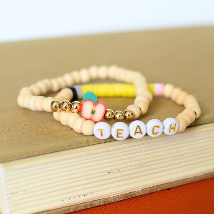 Two and Crew - Wholesale Beaded Bracelet - Natural Wood Bead Teacher apple charm Bracelet Stack