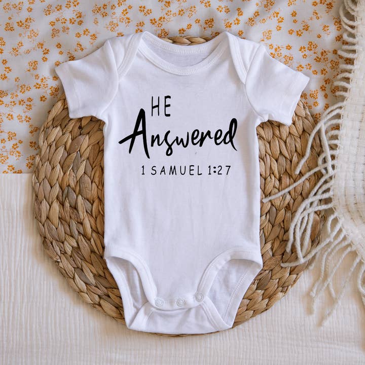 He Answered Pregnancy Announcement Onesie for wholesale by Claire and Bella