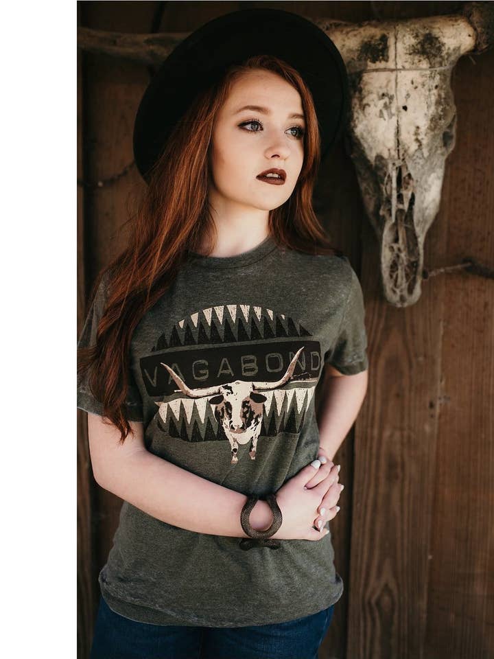 Vagabond Olive Acid Wash Unisex Graphic T-Shirt for wholesale by Southern Bliss Co.