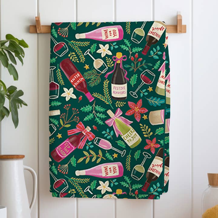 Christmas Tea Towel with hand drawn Festive Wine Design for wholesale by Alphonsostudio
