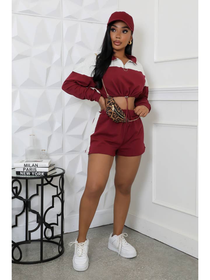 5besties inc - Wholesale Activewear Set - Women's - SPORTY CROP LONG SLEEVE TOP & SHORT SET1