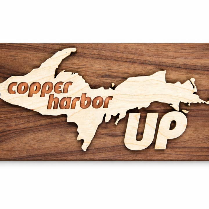 Copper Harbor, UP Wood & Copper State Plaque // MI Wall Art for wholesale by Jus Sayin'