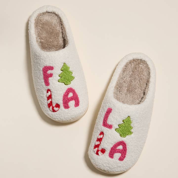 Pink ‘FALALALA’ Christmas Tree Fuzzy Slippers for Christmas Gift for wholesale on Faire2