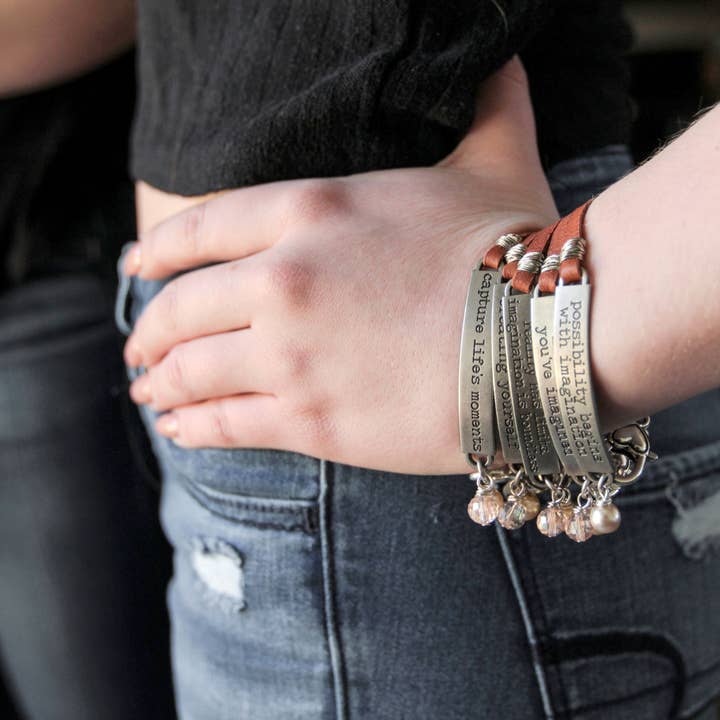 Inspirational Quote Bracelet, Tan Leather for wholesale by bel monili ™
