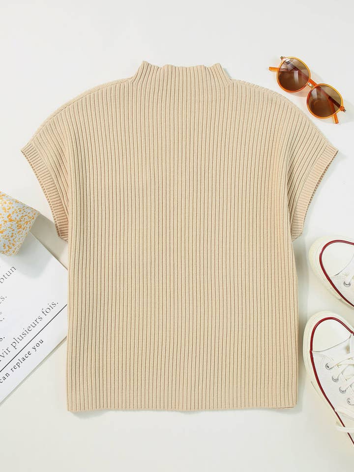 Lovesoft - Wholesale Knit Sweater - Women's - Oatmeal Patch Pocket Ribbed Knit Short Sleeve Sweater