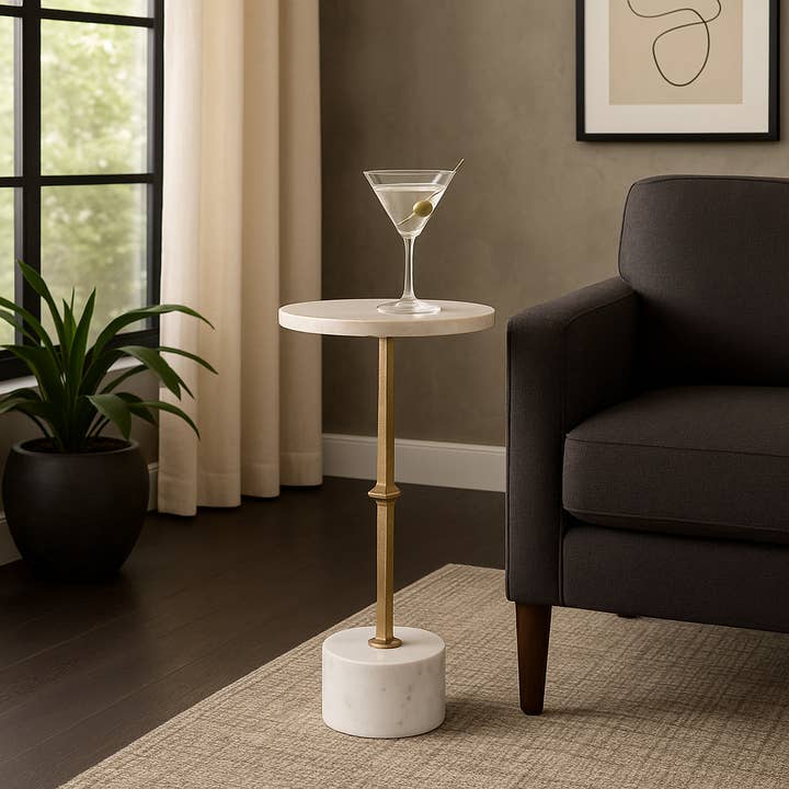 Side Table - Gold Metal Round with Marble Base, 24 in. for wholesale by Elevarre