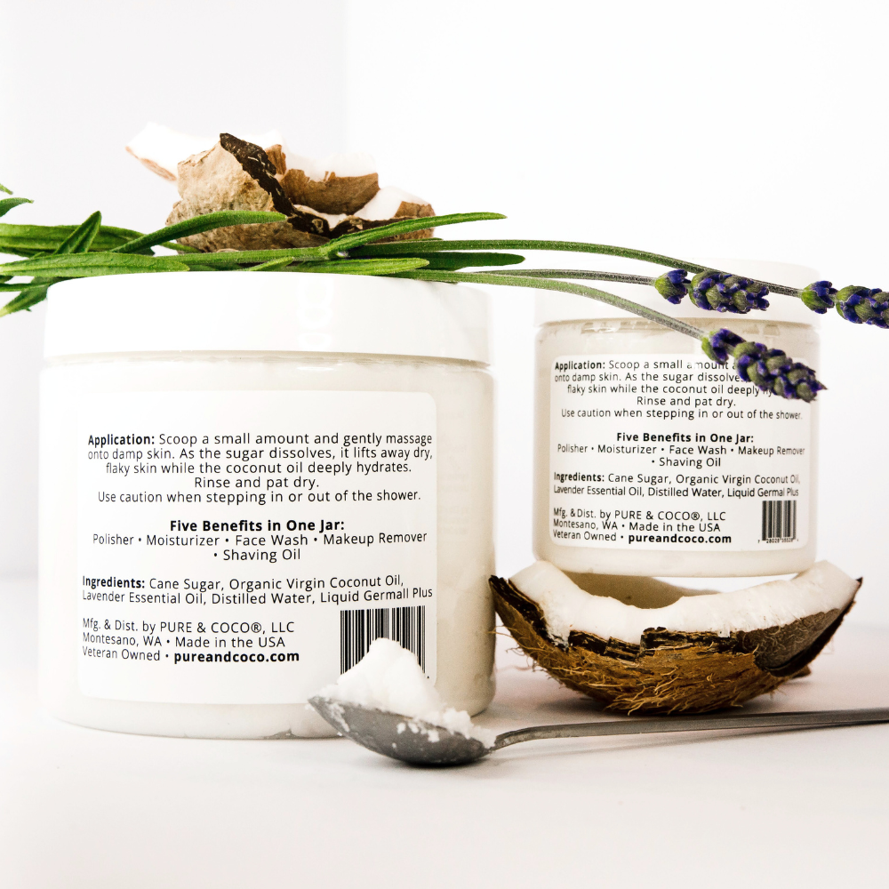 Pure & Coco | Organic Coconut Oil Face & Body Skincare - Wholesale Facial Exfoliant/Scrub - Lavender & Coconut Organic Coconut Oil Face & Body Polish1