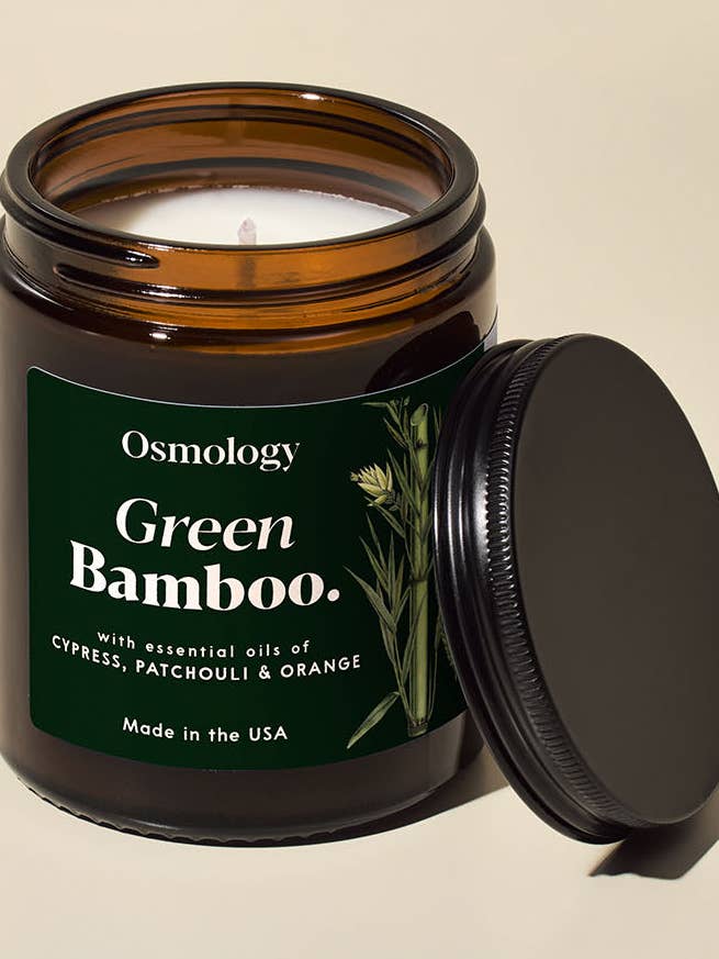 Green Bamboo Amber Jar Candle - Cypress Patchouli & Orange for wholesale by Osmology