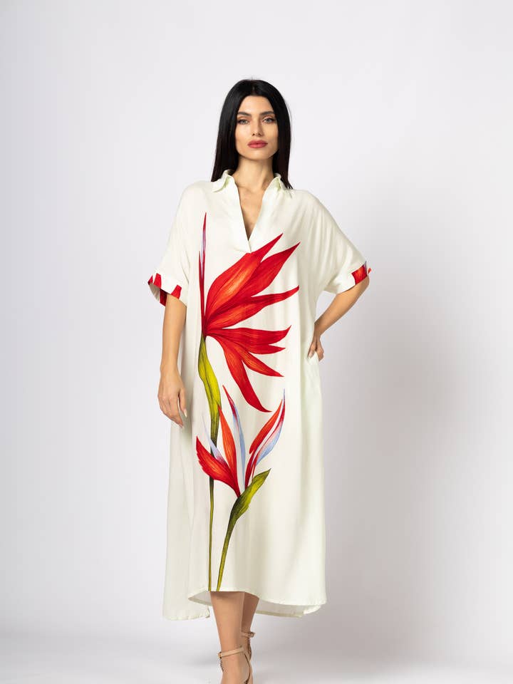 F G - 423 Ecru & Scarlet Bloom Midi Kaftan for wholesale by FAME GREECE