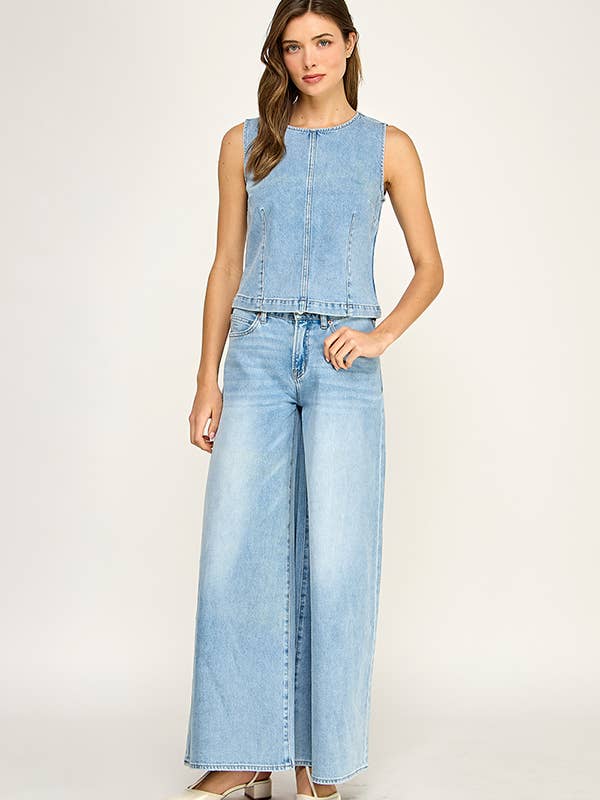STRETCH LIGHT DENIM WIDE LEG PANTS for wholesale by Miss Love
