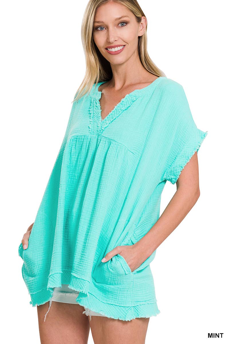 42POPS – wholesale Tunika - Dam – "Rå kant kortärmad V-ringad tröja33