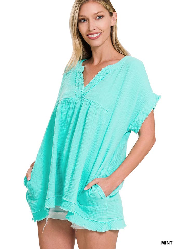 42POPS – wholesale Tunika - Dam – "Rå kant kortärmad V-ringad tröja33