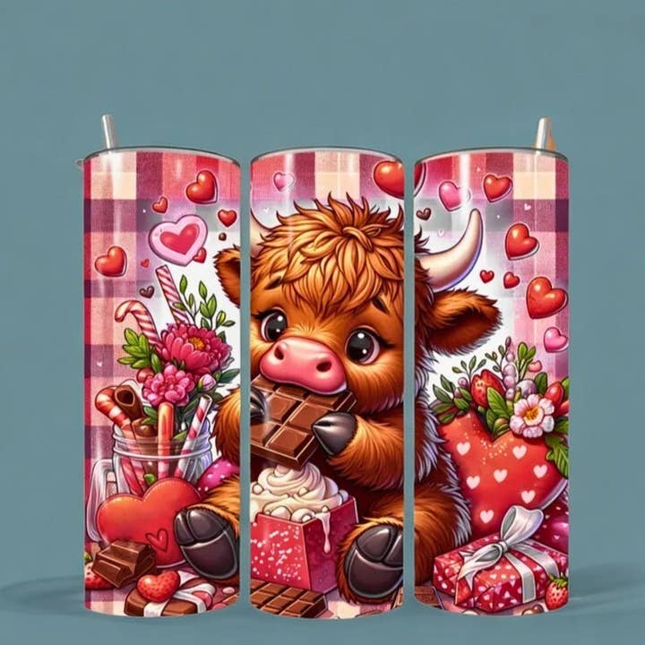 Alpha Wholesale - Wholesale Insulated Mug/Tumbler - Simply Everyday Products Tumbler 20oz with Lid, Straw, and Rubber Bottom – Highland Cow Valentine's Day Tumbler Wrap – Funny Cow Design