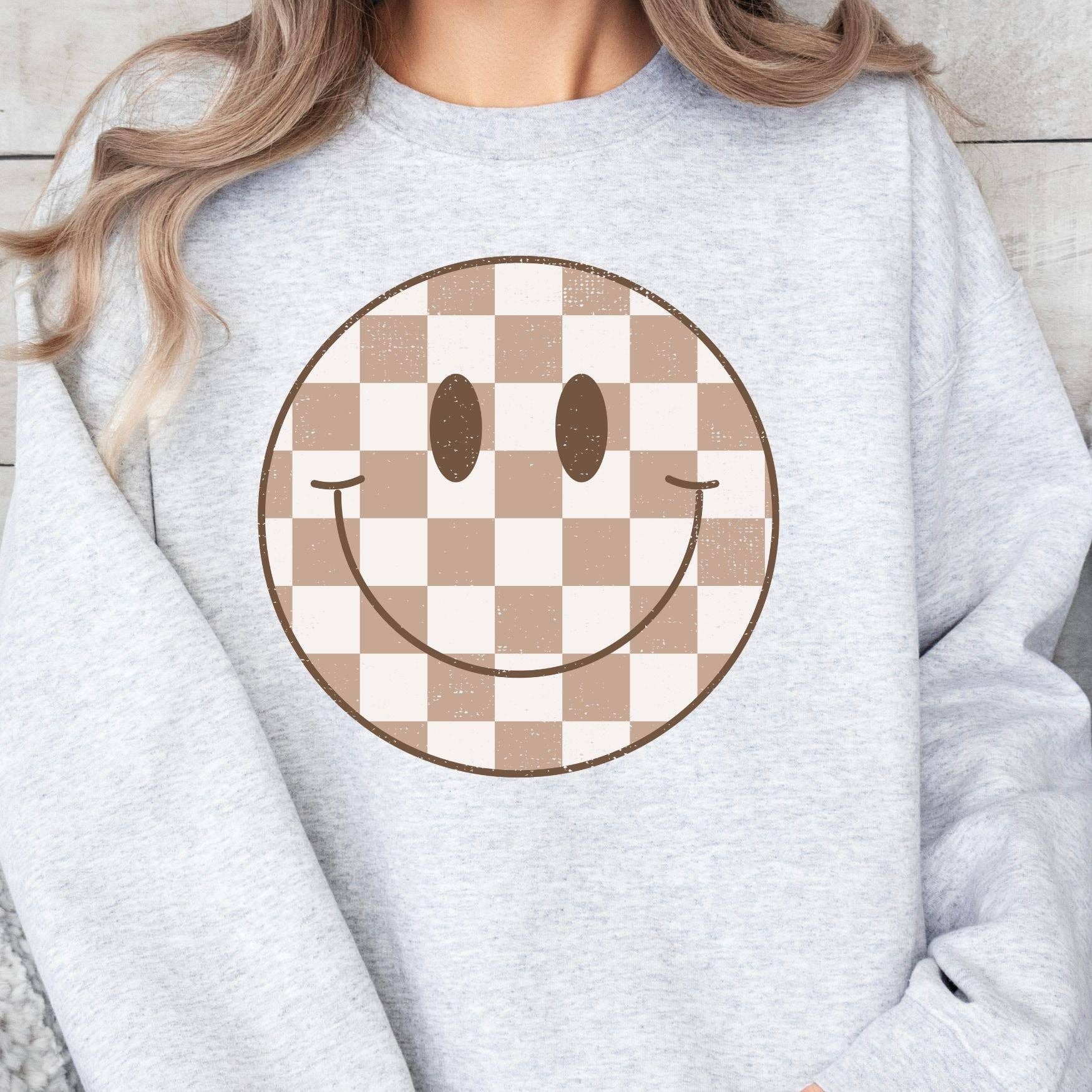 ChubbyBubbyBear - Wholesale Graphic Sweatshirt - Women's - Checked Smiley Crewneck Sweatshirt0