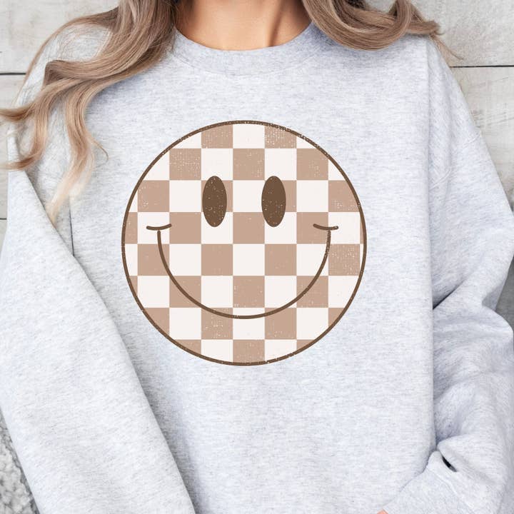 ChubbyBubbyBear - Wholesale Graphic Sweatshirt - Women's - Checked Smiley Crewneck Sweatshirt