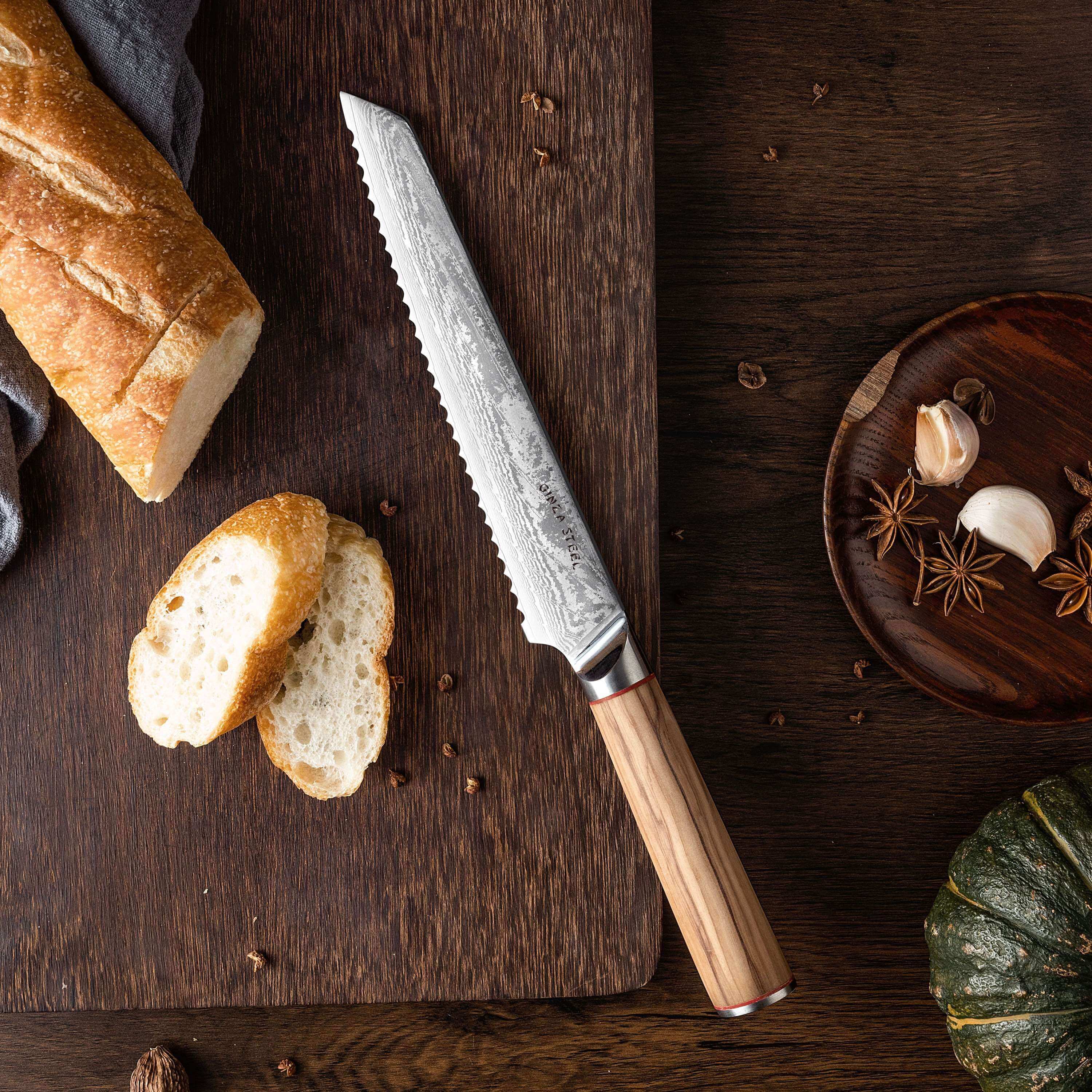 Ginza Steel - Vente Couteau de cuisine/multi-usage - MIA Z | COUTEAU À PAIN 8" Acier Damas AUS10 67 Couches / Manche en Bois d'Olivier6