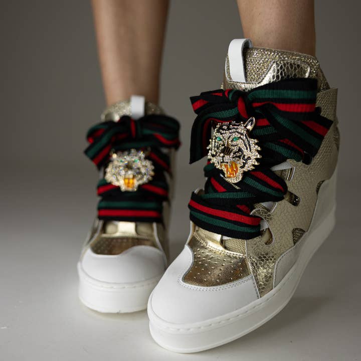 Courageous Gold Tiger Wedge Sneaker for wholesale by Cynthia Richard