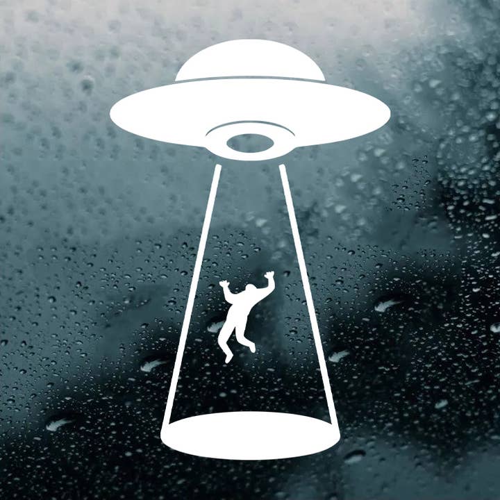 White UFO Abduction Flying Vinyl Decal Die Cut Sticker for wholesale by Minglewood Trading