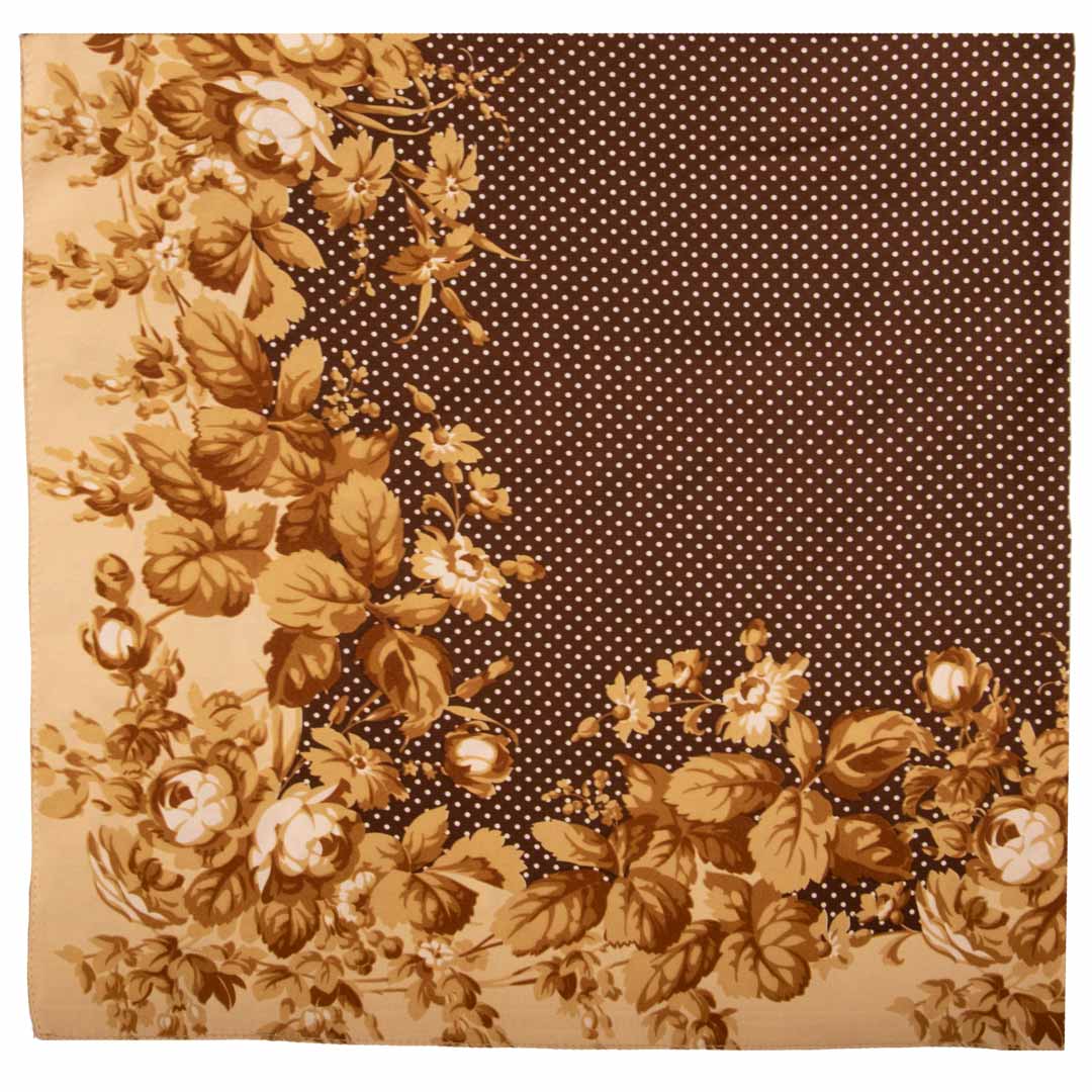 Graffeo Cravatte - Wholesale Sjaal - Dames - Bruine Zijde Sjaal met Witte Stippen en Champagne Kleurige Bloemen F190