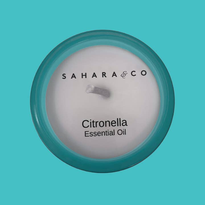 Citronella Outdoor Dining Candle 26oz - Mediterranean Blue for wholesale by Robyn's Cookies and Sahara Teas