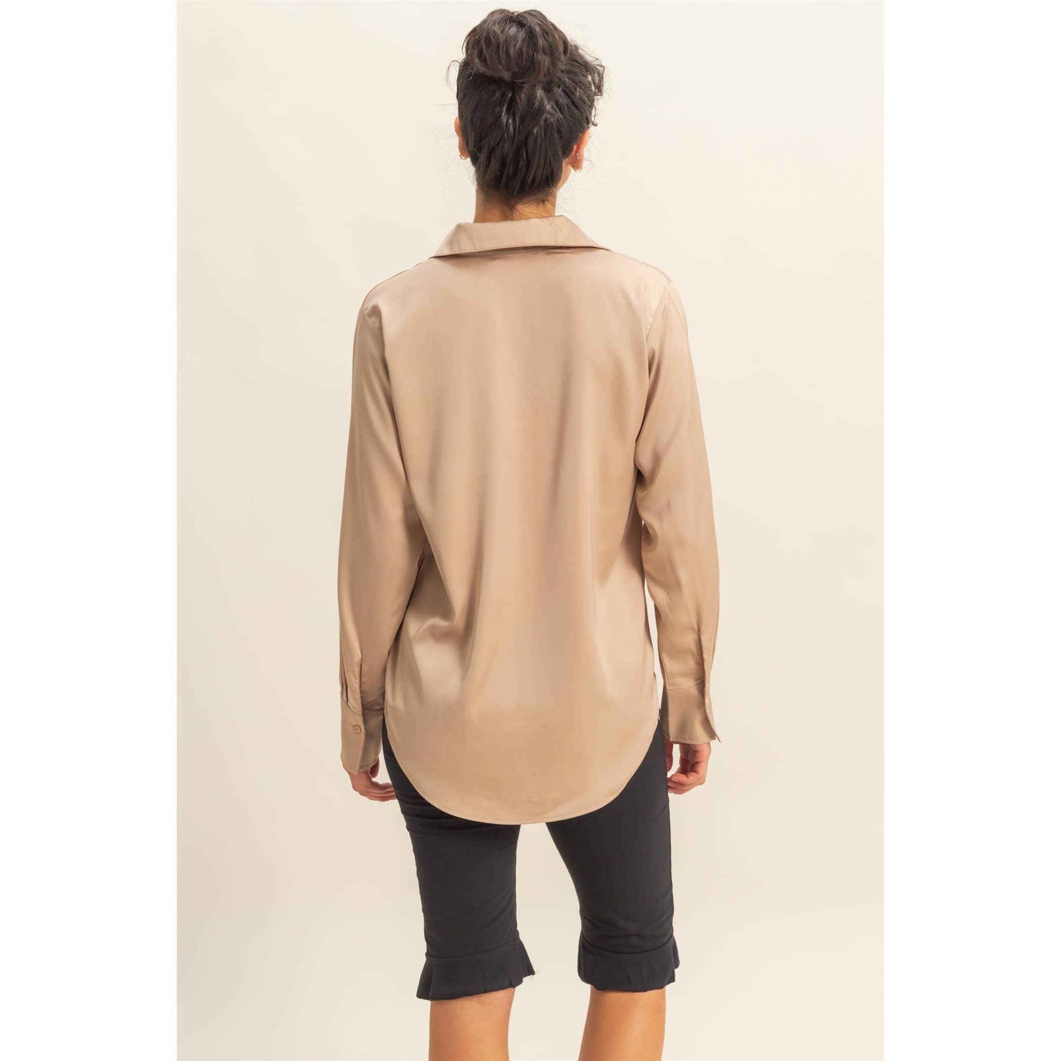 Double Zero - Wholesale Blouse - Women's - Button-Up Satin Shirt With Collared Neckline29