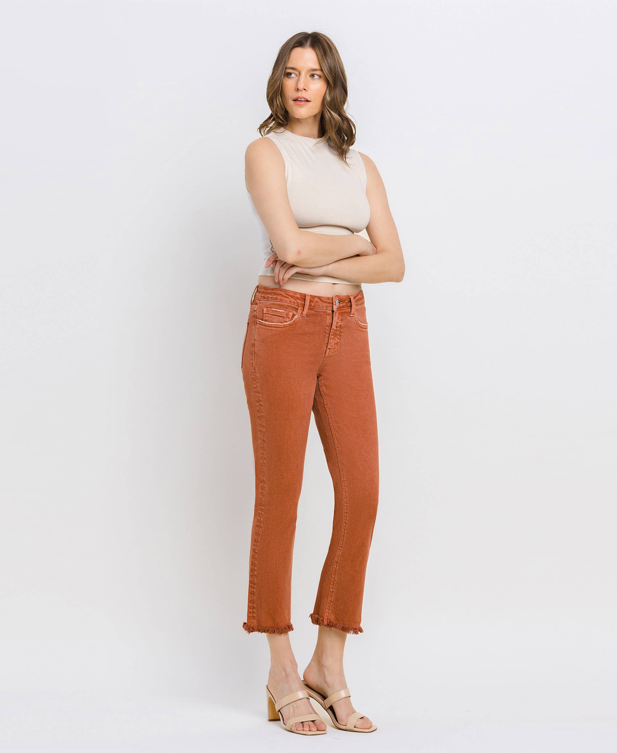 BAKED CLAY MID RISE FRAYED HEM CROP SLIM STRAIGHT JEANS V3500BKC for wholesale on Faire13