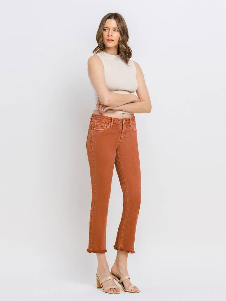 BAKED CLAY MID RISE FRAYED HEM CROP SLIM STRAIGHT JEANS V3500BKC for wholesale on Faire13