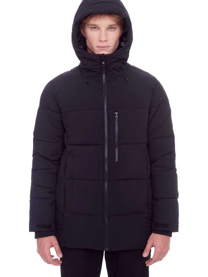 BANFF | MEN'S VEGAN DOWN (RECYCLED) MID-WEIGHT QUILTED PUFFER JACKET, BLACK for wholesale by Alpine North CA