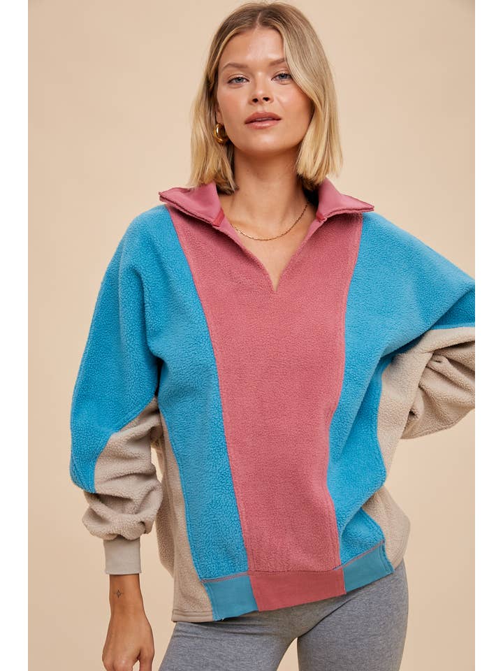 TAUPE MULTI COLOR BLOCK PANELED FLEECE PULLOVER for wholesale on Faire