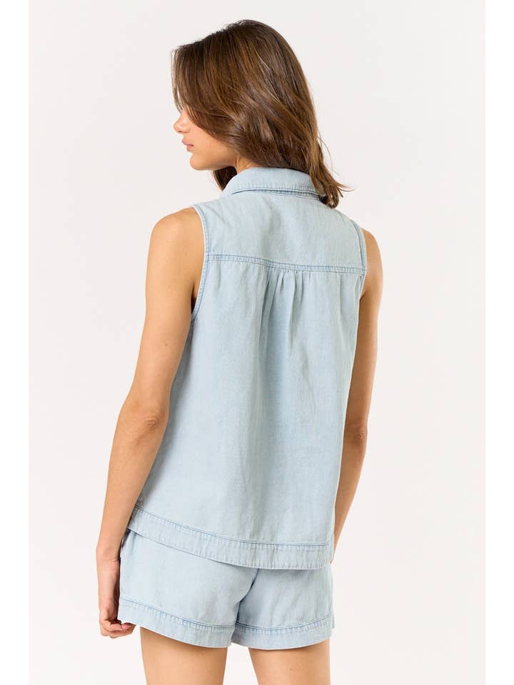 L DENIM Haut en jean sans manches à col et boutons ILT4692 en vente sur Faire3
