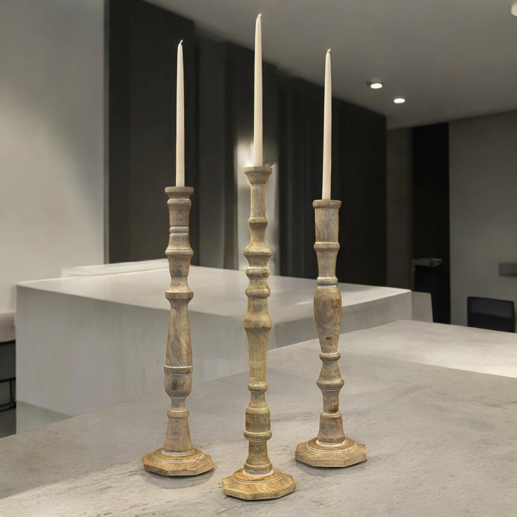 Wilco Home - Wholesale Candle Holder - Handmade Mango Wood "Emilt" Taper Candlestick Set of 3 3