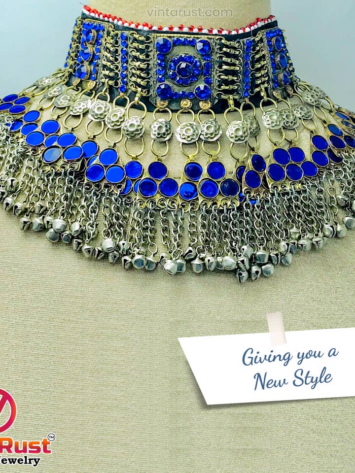 Afghan Big Blue Glass Stones Choker, Vintage Bells Choker for wholesale by vintarust