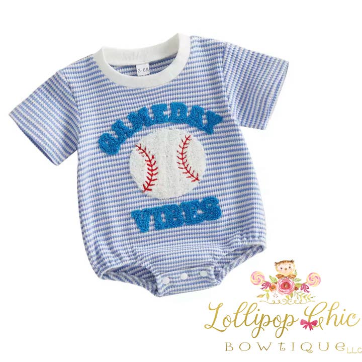 Infant Baby Boy Baseball Embroidery Bodysuit Romper for wholesale by Lollipop Chic Bowtique LLC