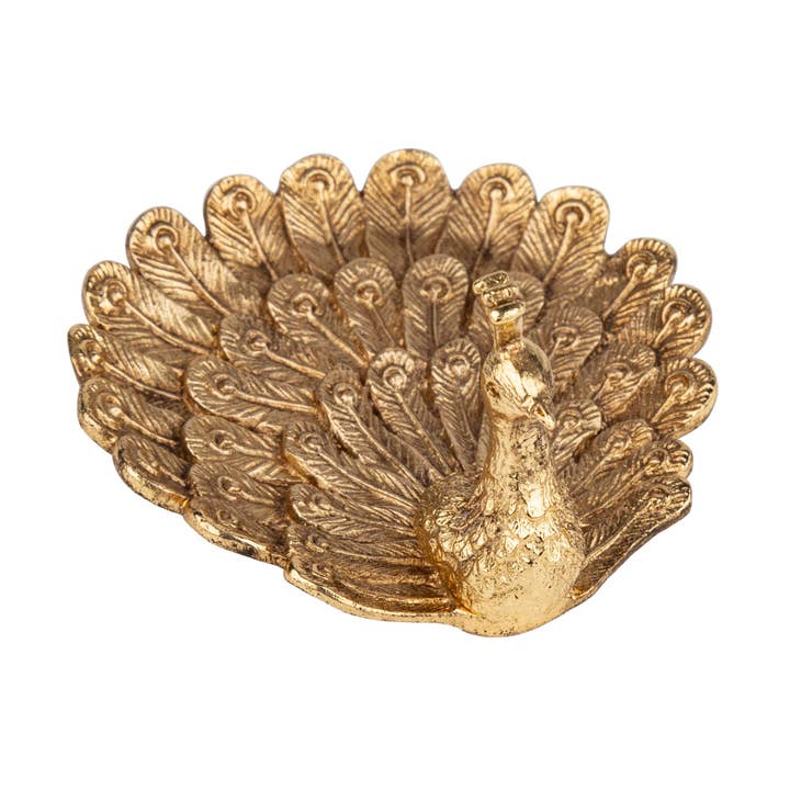 A01039: Gold elec plate cast pwt peacock trinket tray, 4in for wholesale by Silver Tree Home & Holiday