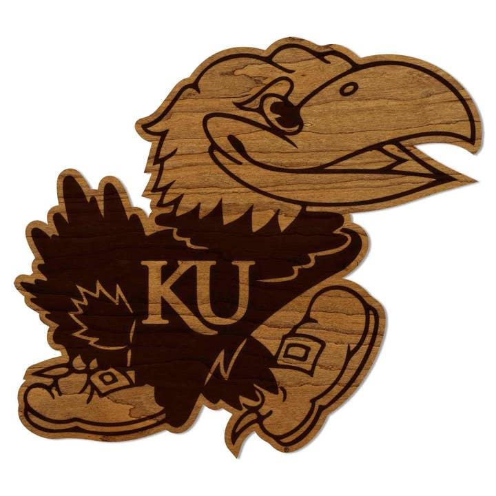 Décoration murale Jayhawk de l'Université du Kansas - Fabriquée en bois de cerisier et d'érable - Jayhawks de l'Université du Kansas pour la vente par LazerEdge
