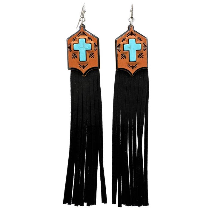 Turquoise Cross Suede Fringe Earrings for wholesale by Lunar Deer