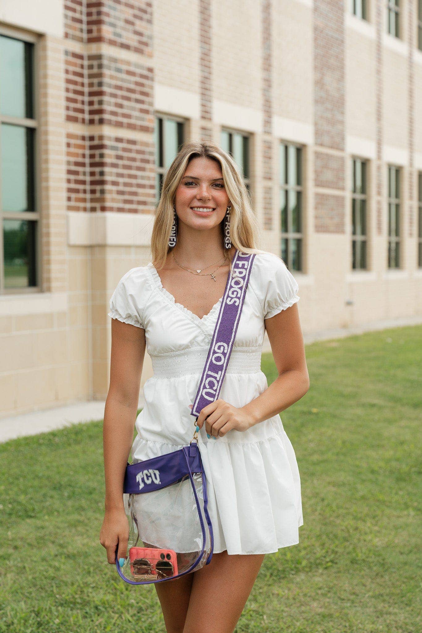 Desden - Vendita all'ingrosso Cinghia per borsa - Donna - Cinghia per borsa con perline viola e bianca TCU Go Frogs di Desden - Ufficialmente con licenza universitaria1