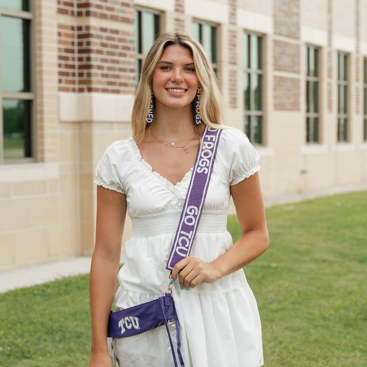 Desden - Vendita all'ingrosso Cinghia per borsa - Donna - Cinghia per borsa con perline viola e bianca TCU Go Frogs di Desden - Ufficialmente con licenza universitaria1