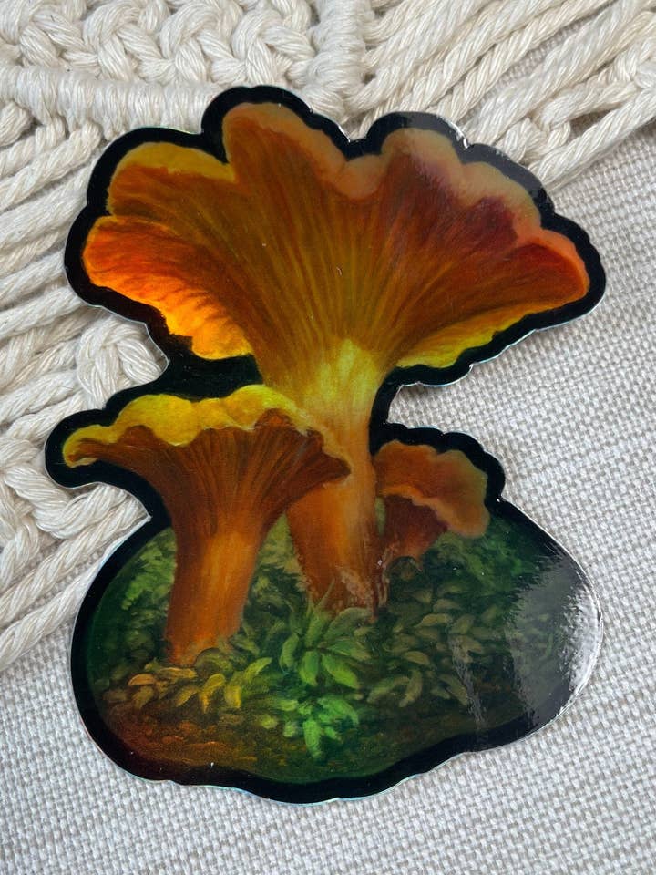 Holographic Chanterelle Mushroom Sticker for wholesale by Coastal Haze Designs